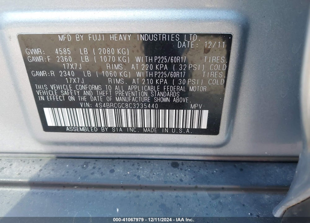 2012 SUBARU OUTBACK 2.5I PREMIUM VIN: 4S4BRCGC8C3235440