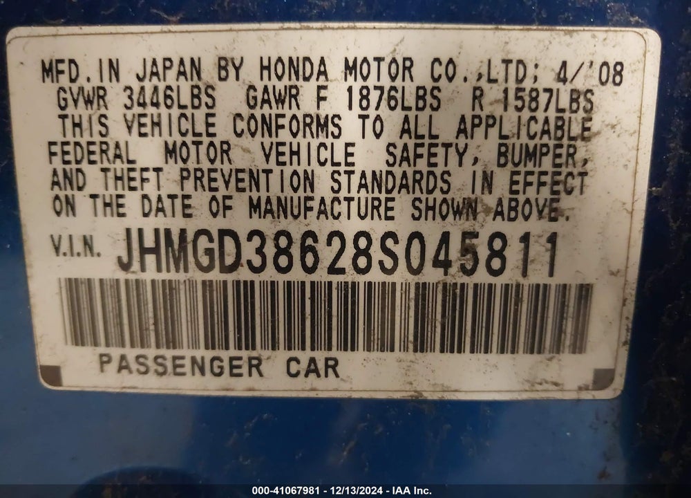 2008 HONDA FIT SPORT VIN: JHMGD38628S045811