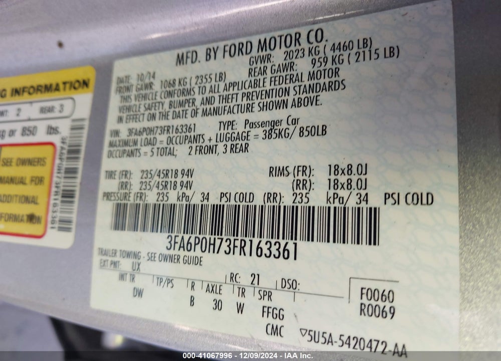 2015 FORD FUSION SE VIN: 3FA6P0H73FR163361