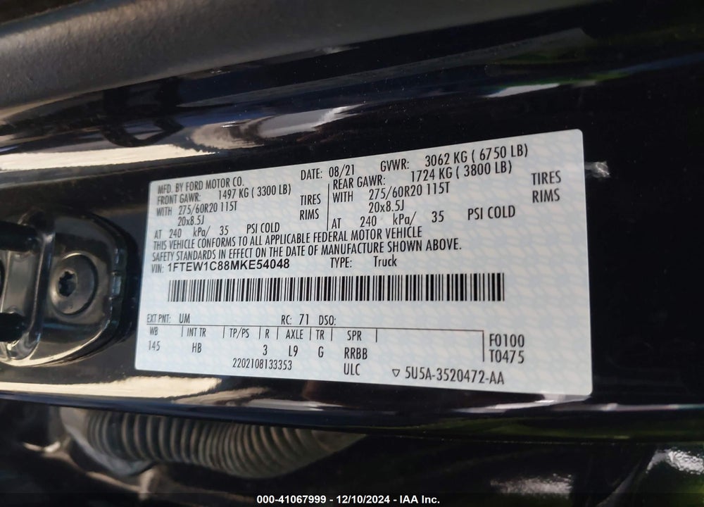 2021 FORD F-150 LARIAT VIN: 1FTEW1C88MKE54048