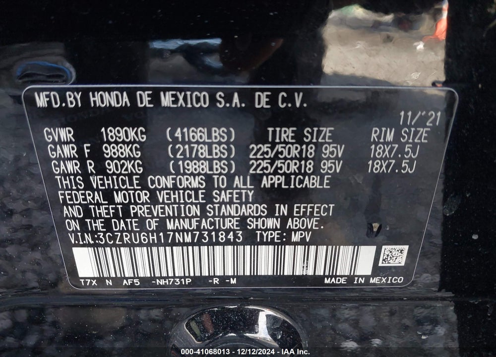 2022 HONDA HR-V AWD SPORT VIN: 3CZRU6H17NM731843