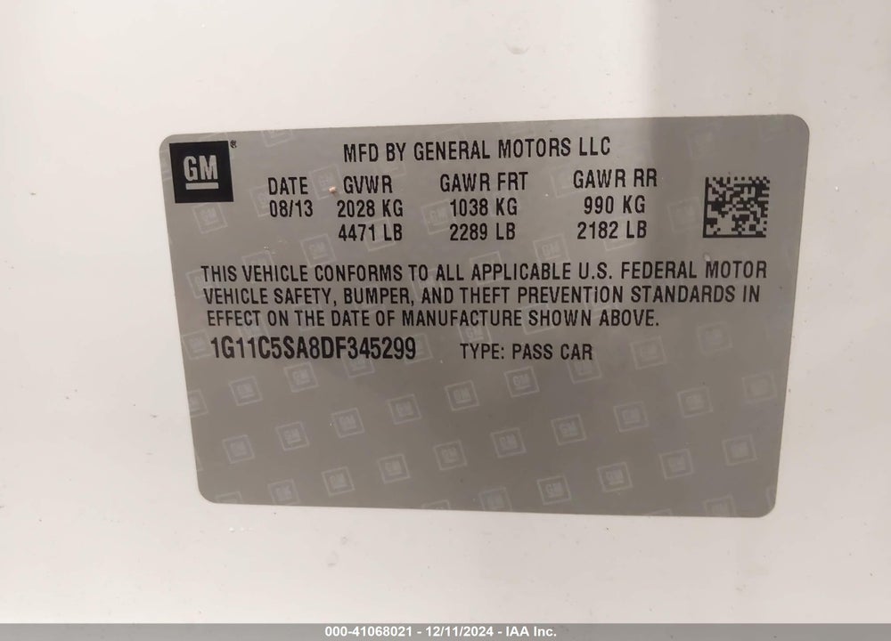2013 CHEVROLET MALIBU 1LT VIN: 1G11C5SA8DF345299
