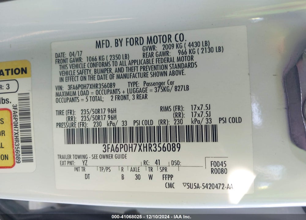 2017 FORD FUSION SE VIN: 3FA6P0H7XHR356089