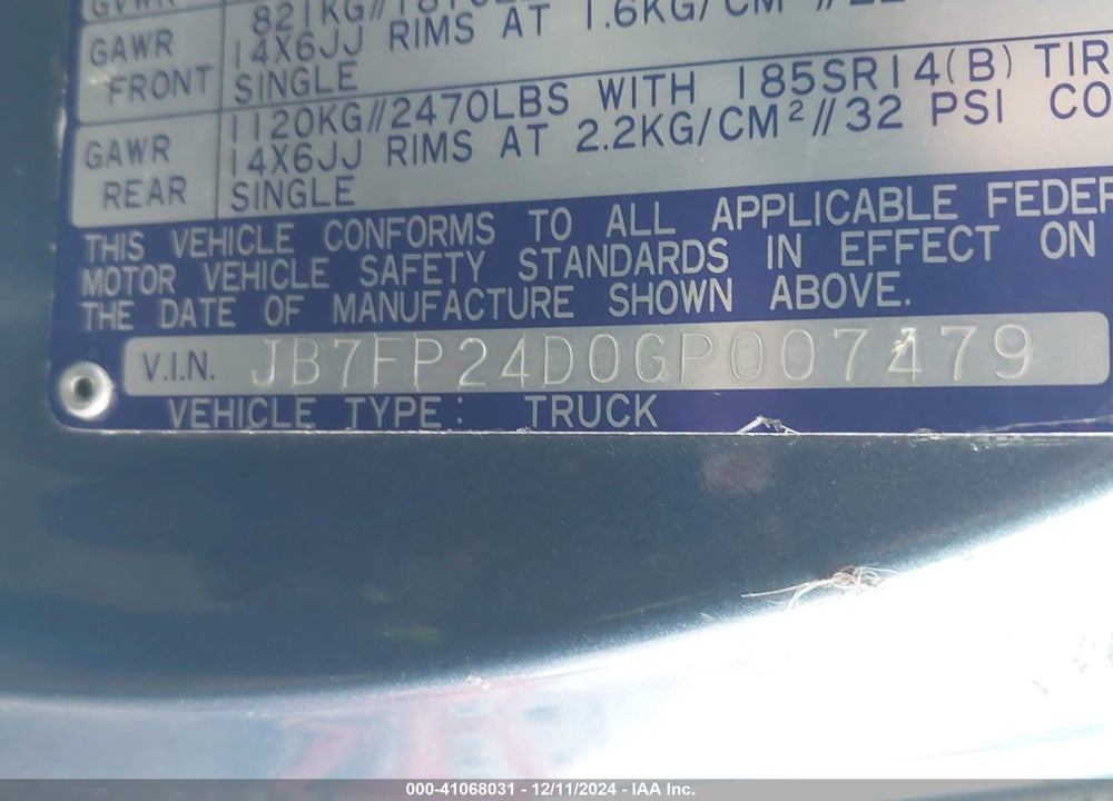 1986 DODGE D50 CUSTOM VIN: JB7FP24D0GP007479