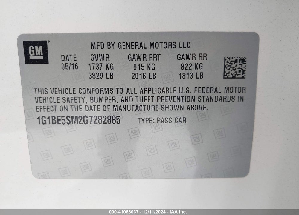2016 CHEVROLET CRUZE LT AUTO VIN: 1G1BE5SM2G7282885