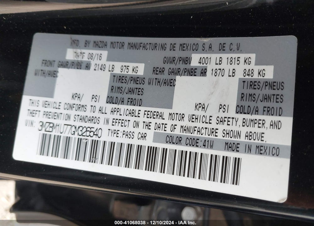 2016 MAZDA 3 I SPORT VIN: 3MZBM1U77GM326540