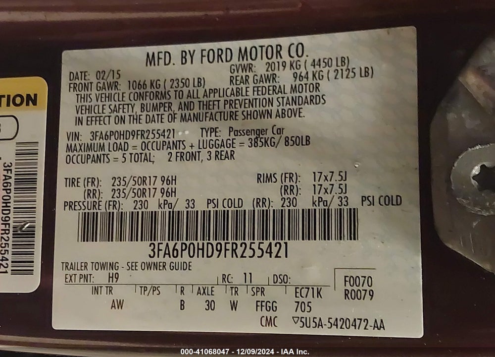 2015 FORD FUSION SE VIN: 3FA6P0HD9FR255421