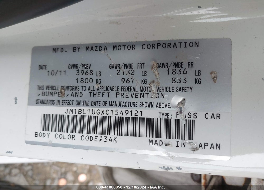 2012 MAZDA 3 I SPORT VIN: JM1BL1UGXC1549121