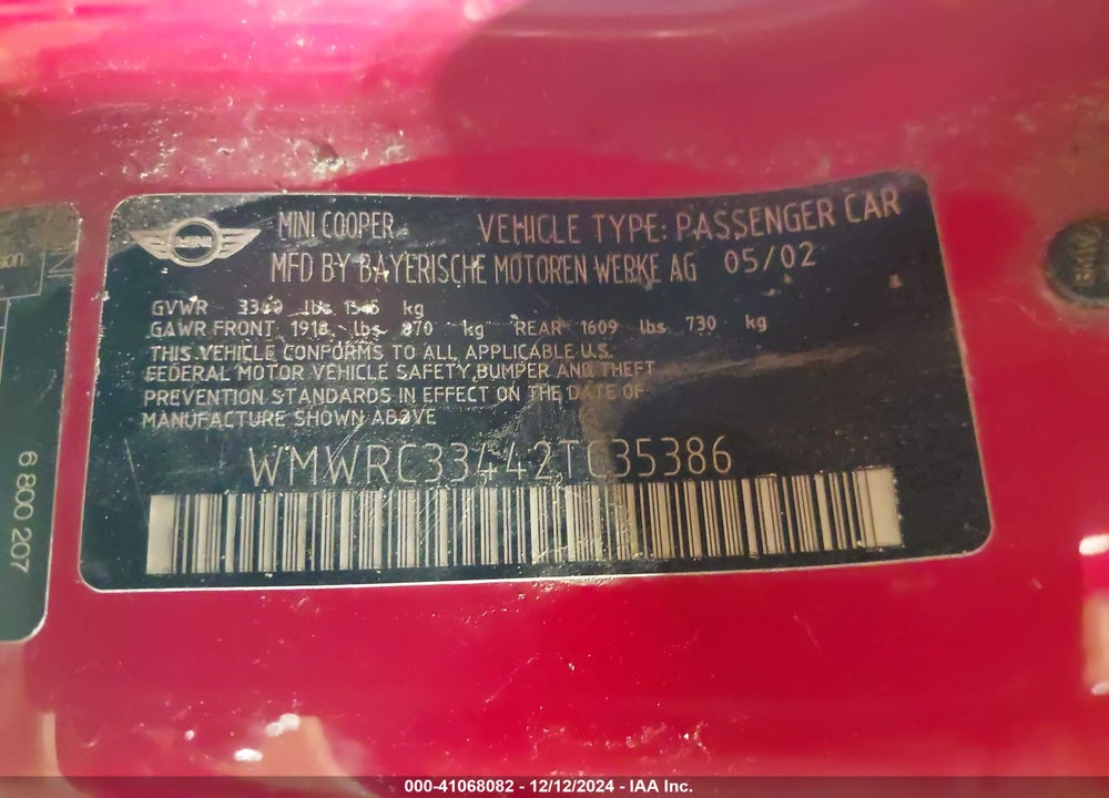 2002 MINI COOPER VIN: WMWRC33442TC35386