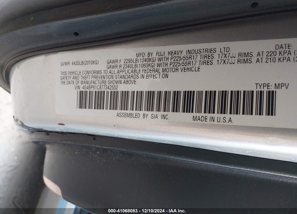 2007 SUBARU OUTBACK 2.5I/2.5I BASIC/2.5I L.L. BEAN EDITION VIN: 4S4BP61C877342552