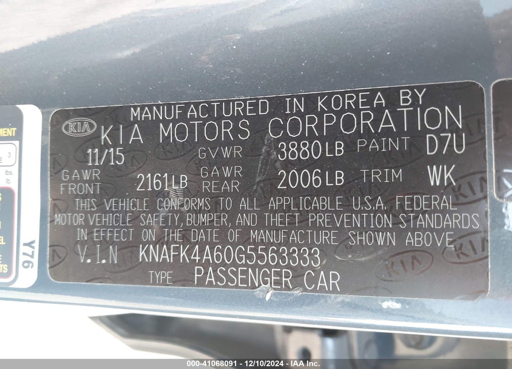2016 KIA FORTE LX VIN: KNAFK4A60G5563333