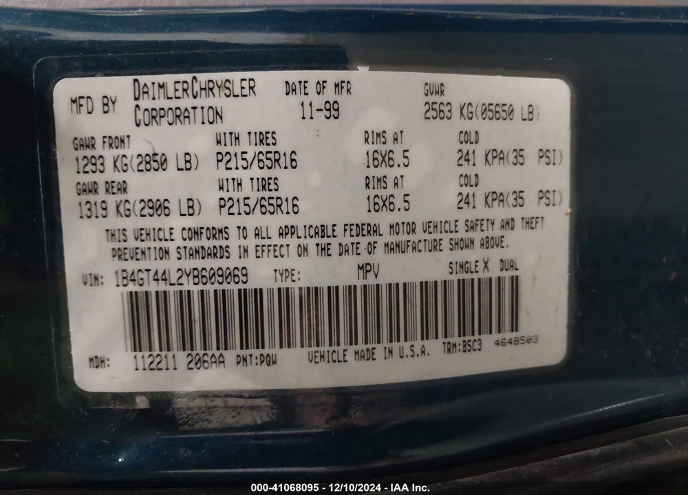 2000 DODGE GRAND CARAVAN SPORT VIN: 1B4GT44L2YB609069