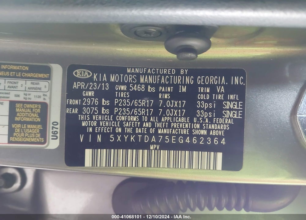 2014 KIA SORENTO LX V6 VIN: 5XYKTDA75EG462364