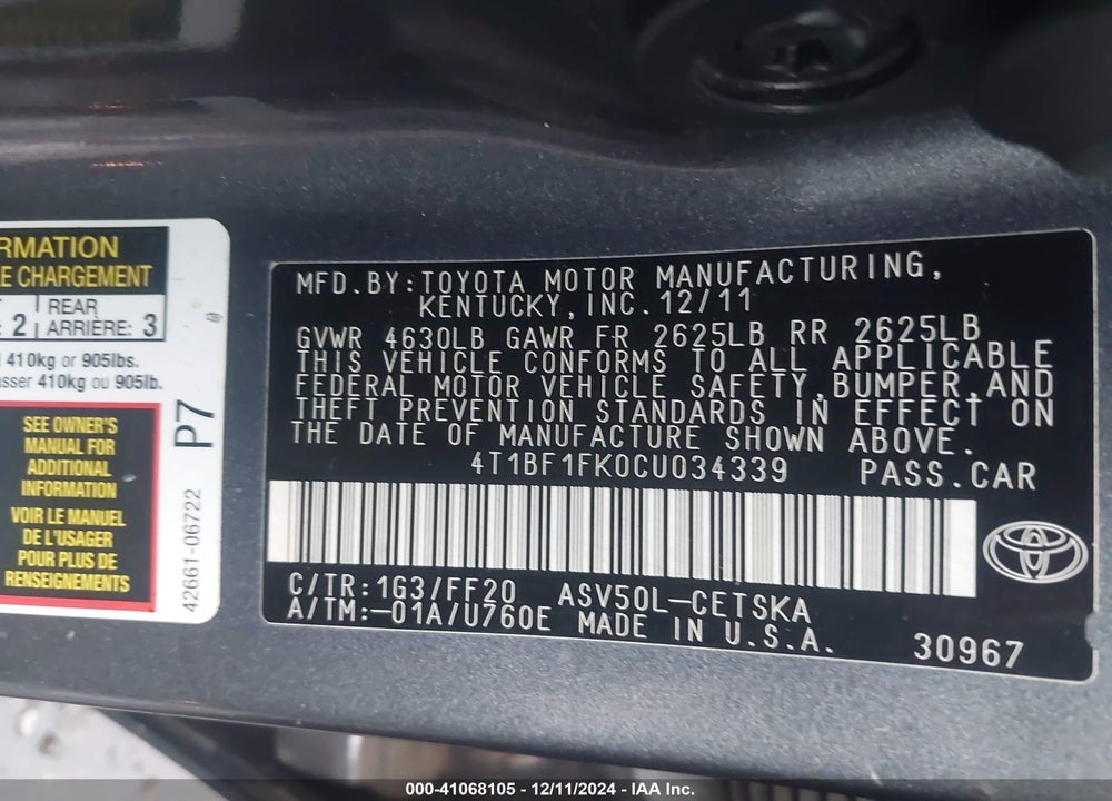 2012 TOYOTA CAMRY SE VIN: 4T1BF1FK0CU034339