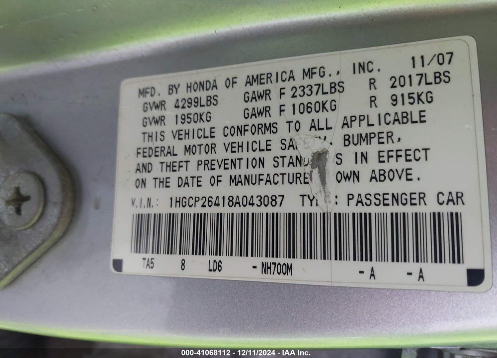2008 HONDA ACCORD 2.4 LX-P VIN: 1HGCP26418A043087