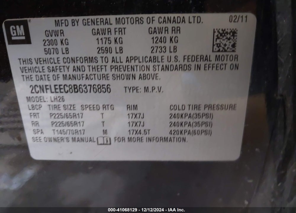 2011 CHEVROLET EQUINOX 1LT VIN: 2CNFLEEC8B6376856