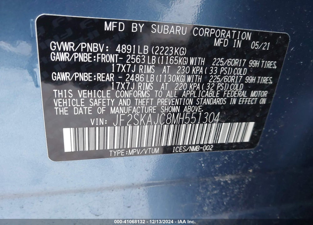 2021 SUBARU FORESTER PREMIUM VIN: JF2SKAJC8MH551304