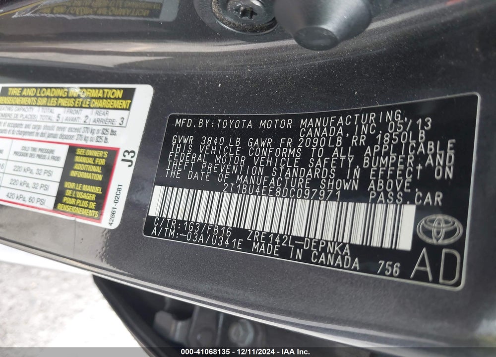 2013 TOYOTA COROLLA LE VIN: 2T1BU4EE8DC097971