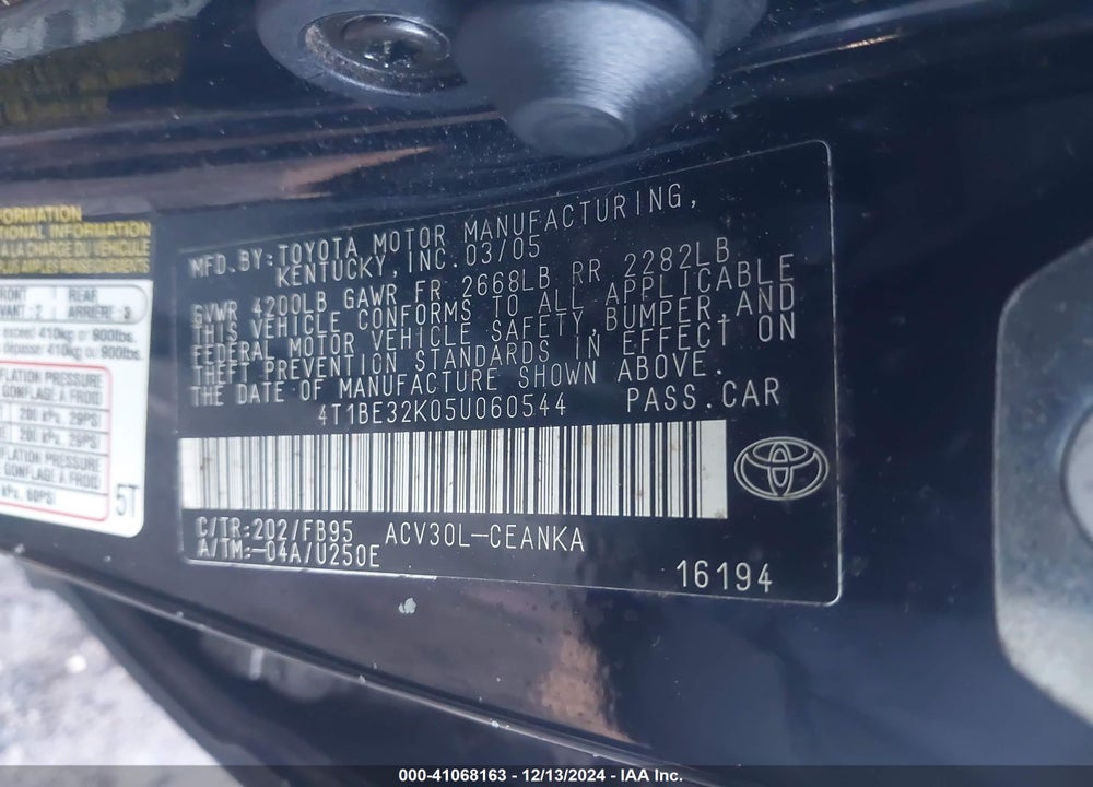 2005 TOYOTA CAMRY STD/ VIN: 4T1BE32K05U060544
