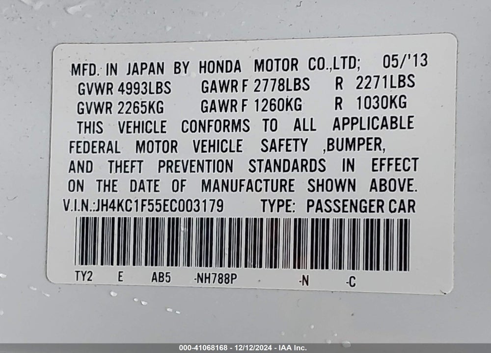 2014 ACURA RLX VIN: JH4KC1F55EC003179