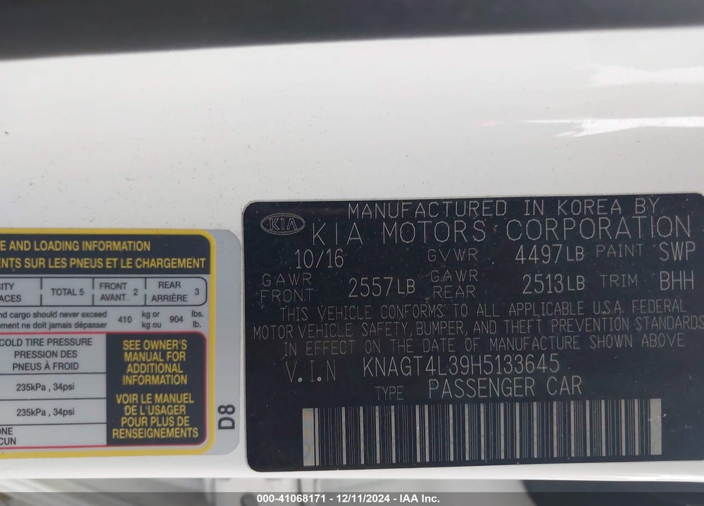 2017 KIA OPTIMA LX VIN: KNAGT4L39H5133645