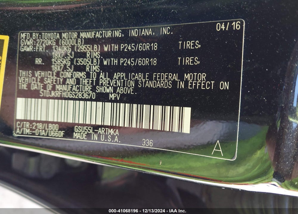 2016 TOYOTA HIGHLANDER XLE V6 VIN: 5TDJKRFH0GS283670