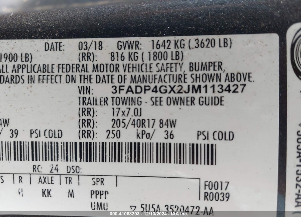 2018 FORD FIESTA VIN: 3FADP4GX2JM113427