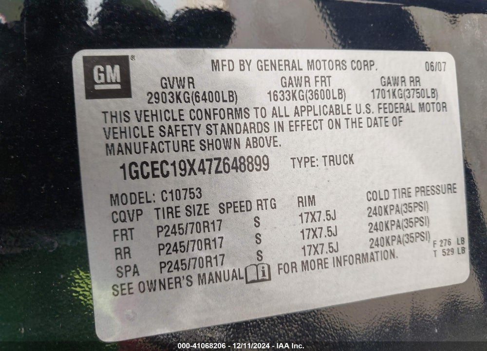 2007 CHEVROLET SILVERADO 1500 WORK TRUCK VIN: 1GCEC19X47Z648899