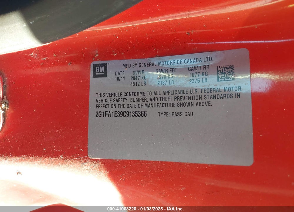 2012 CHEVROLET CAMARO 2LS VIN: 2G1FA1E39C9135366