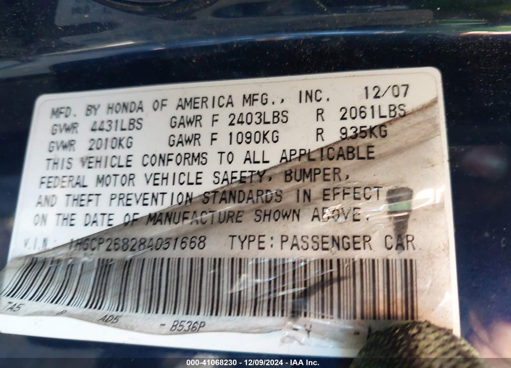 2008 HONDA ACCORD VIN: 1HGCP26828A051668