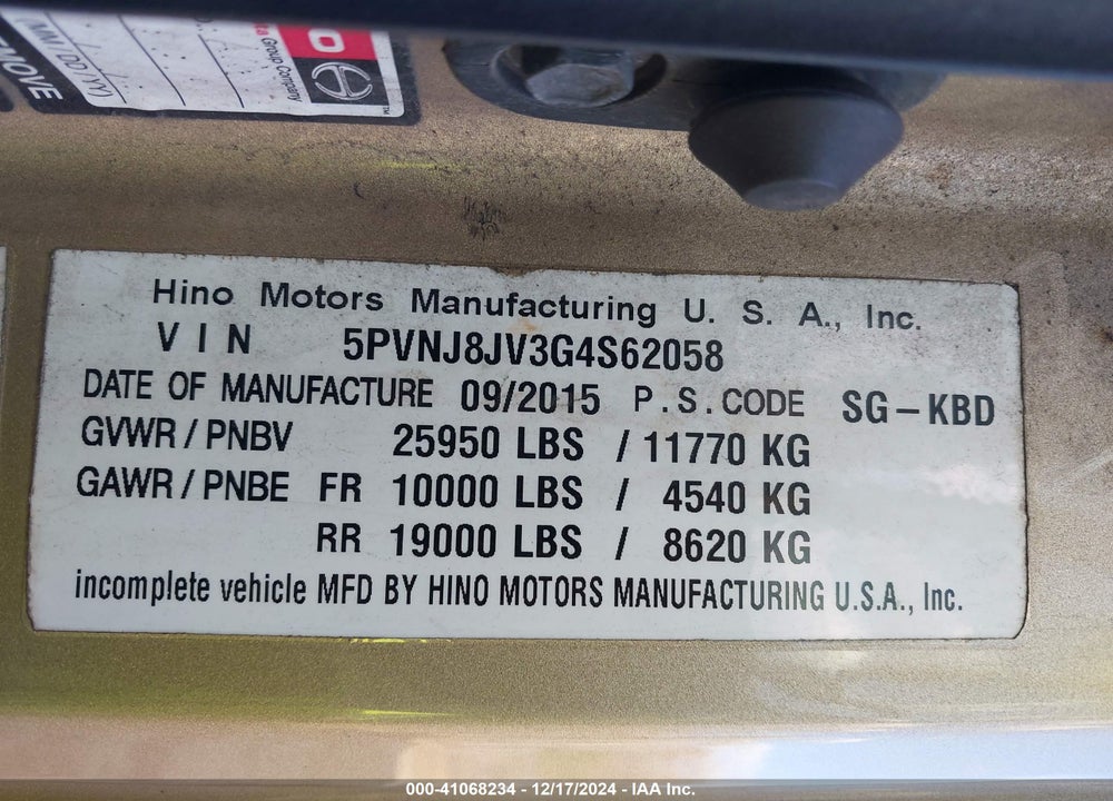 2016 HINO 258/268 VIN: 5PVNJ8JV3G4S62058