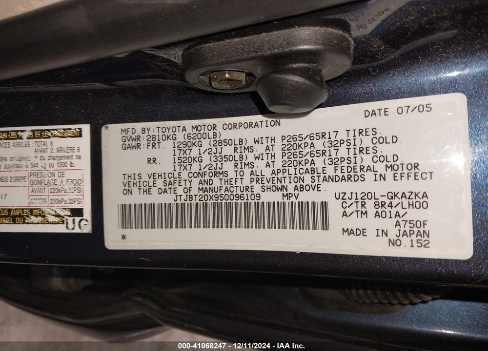 2005 LEXUS GX 470 VIN: JTJBT20X950096109
