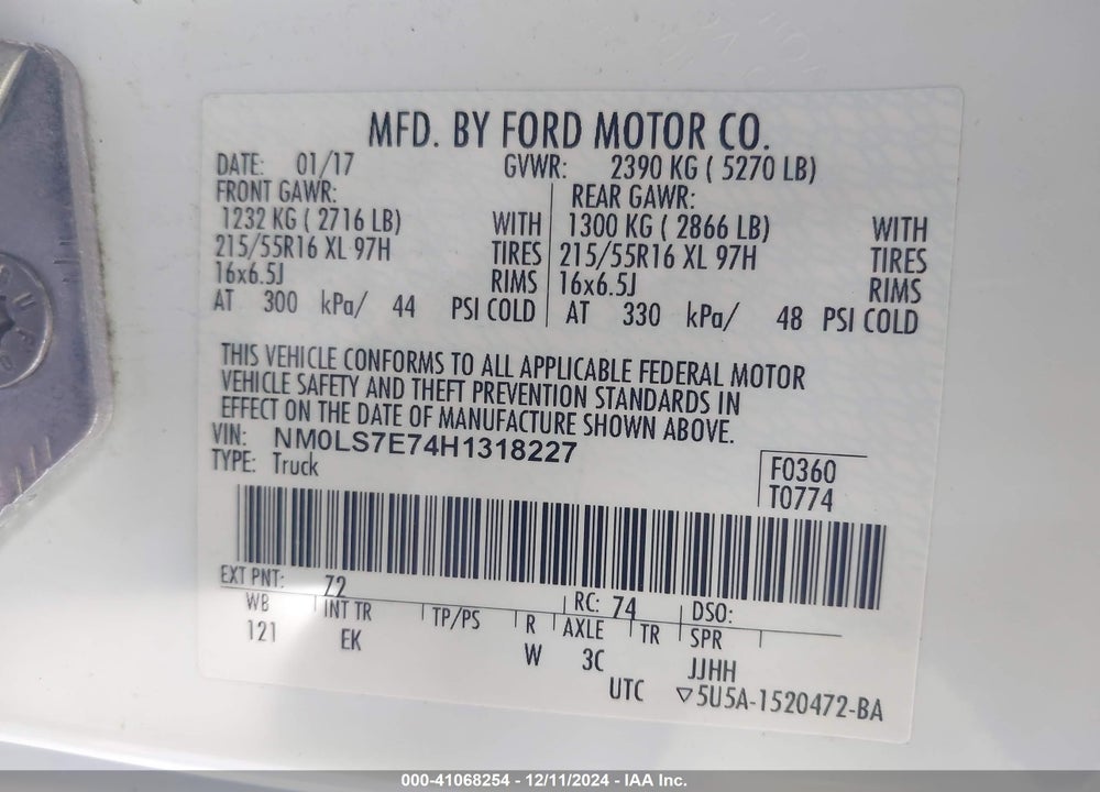 2017 FORD TRANSIT CONNECT XL VIN: NM0LS7E74H1318227