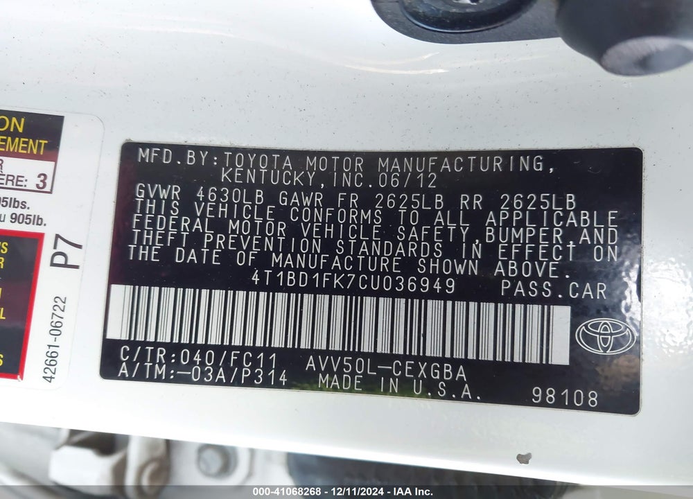 2012 TOYOTA CAMRY HYBRID XLE VIN: 4T1BD1FK7CU036949