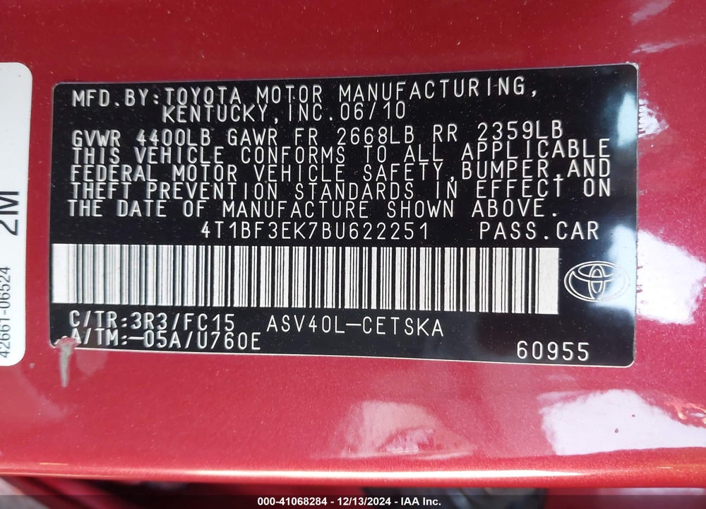 2011 TOYOTA CAMRY SE VIN: 4T1BF3EK7BU622251