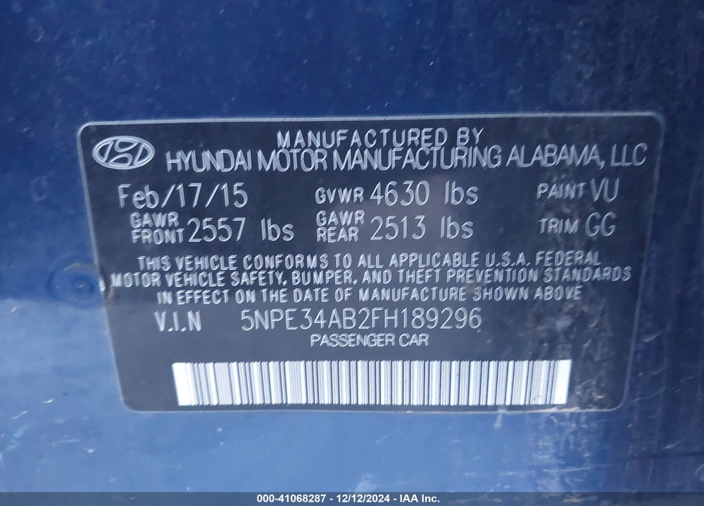 2015 HYUNDAI SONATA LIMITED 2.0T VIN: 5NPE34AB2FH189296
