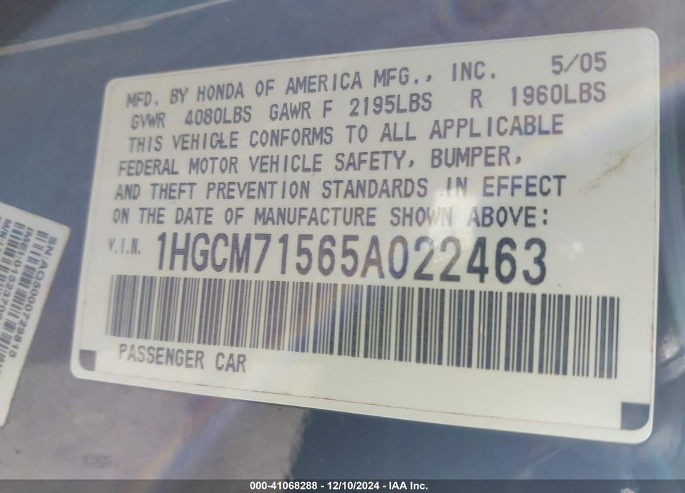 2005 HONDA ACCORD 2.4 LX SPECIAL EDITION VIN: 1HGCM71565A022463