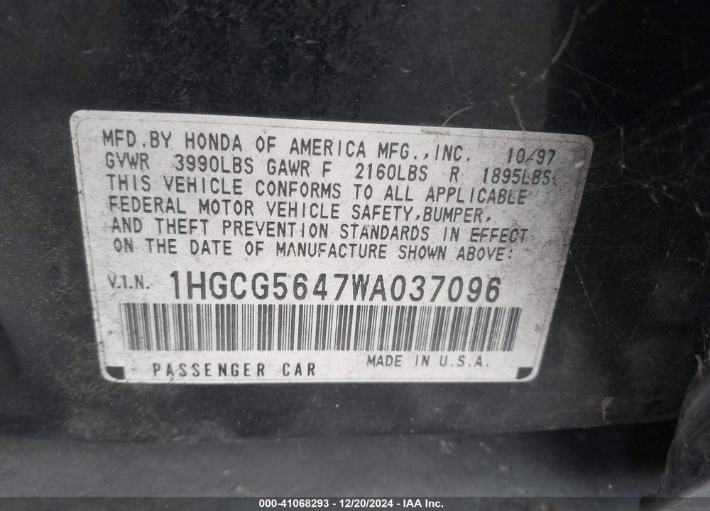 1998 HONDA ACCORD SDN LX VIN: 1HGCG5647WA037096