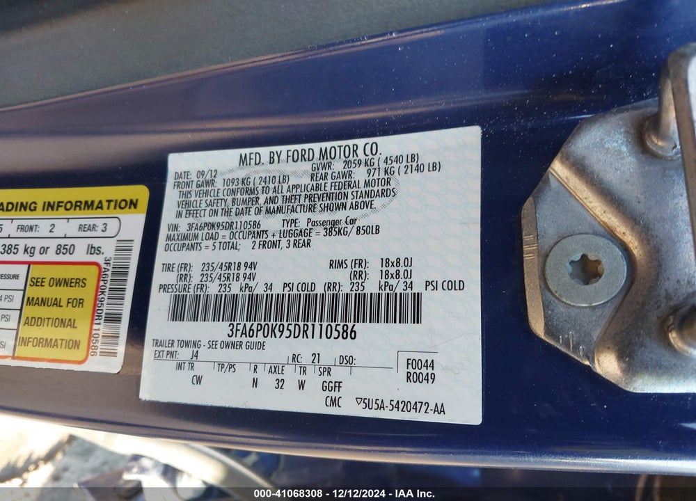 2013 FORD FUSION TITANIUM VIN: 3FA6P0K95DR110586