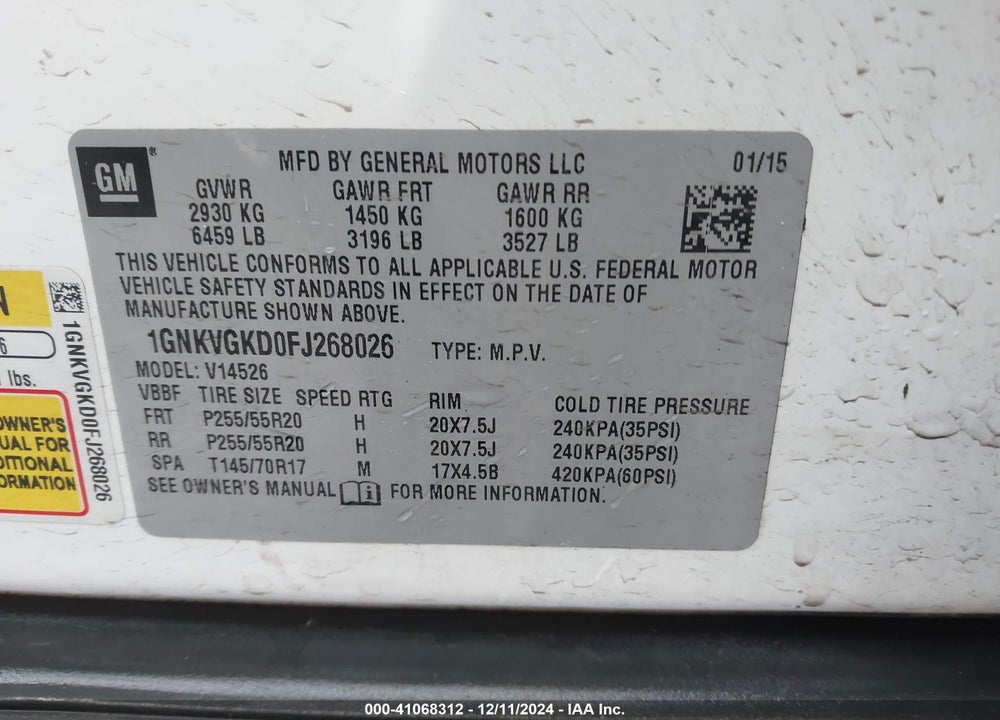 2015 CHEVROLET TRAVERSE 1LT VIN: 1GNKVGKD0FJ268026