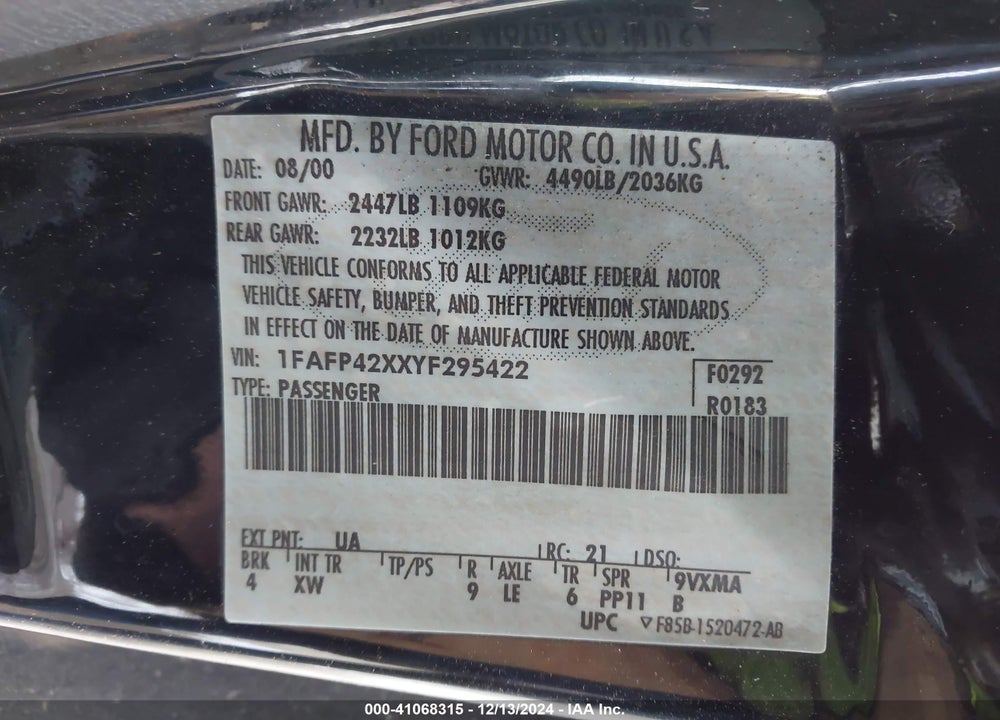 2000 FORD MUSTANG GT VIN: 1FAFP42XXYF295422