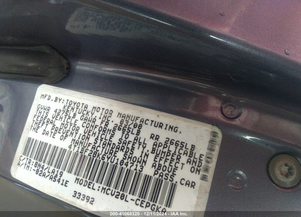 2000 TOYOTA CAMRY XLE V6 VIN: 4T1BF28K6YU104713