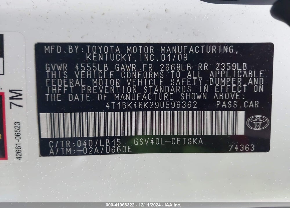 2009 TOYOTA CAMRY SE V6 VIN: 4T1BK46K29U596362