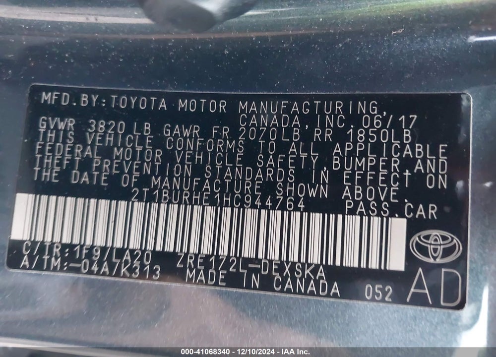 2017 TOYOTA COROLLA XSE VIN: 2T1BURHE1HC944764