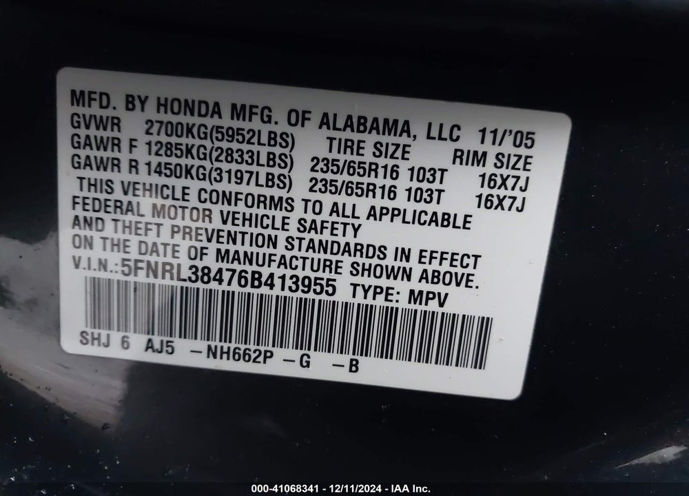 2006 HONDA ODYSSEY VIN: 5FNRL38476B413955
