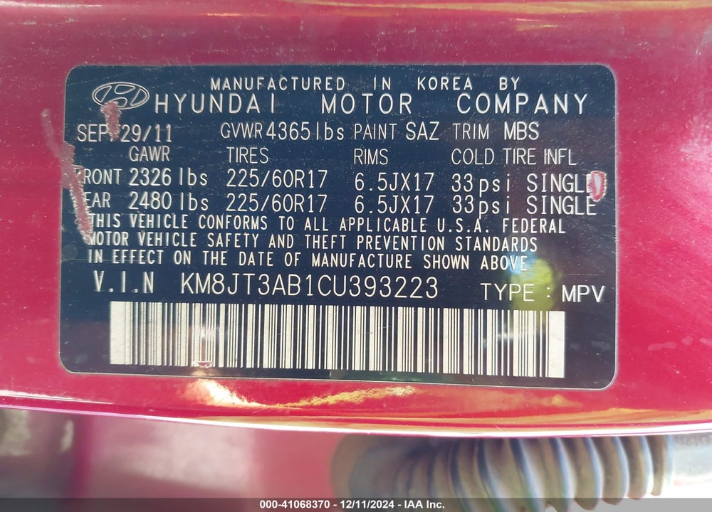 2012 HYUNDAI TUCSON GL VIN: KM8JT3AB1CU393223