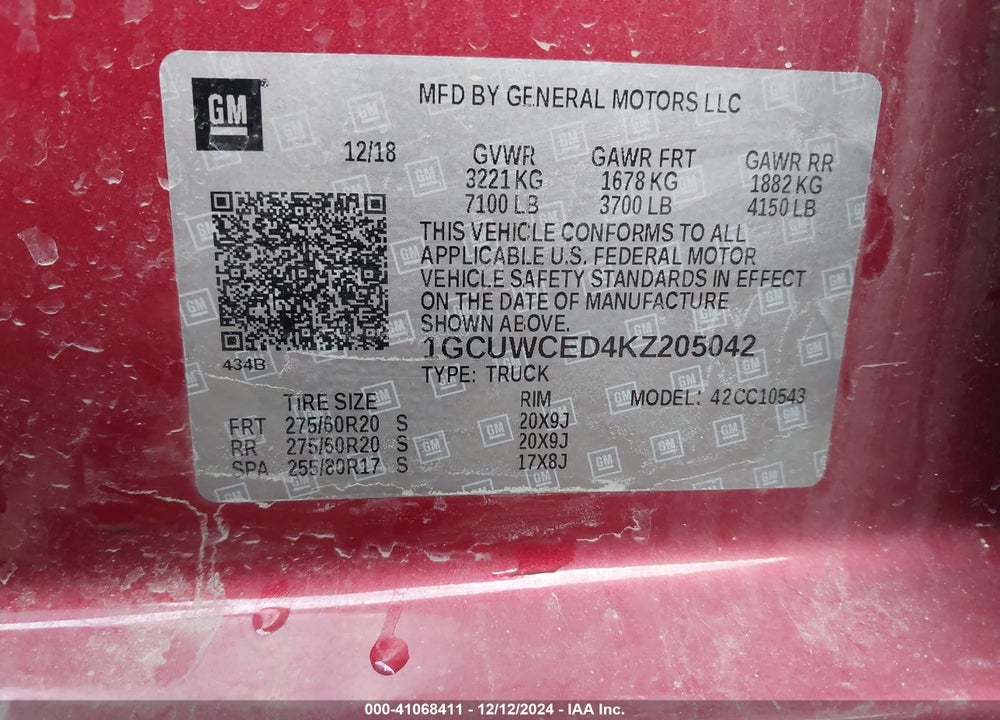 2019 CHEVROLET SILVERADO VIN: 1GCUWCED4KZ205042