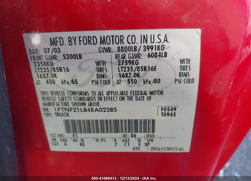 2004 FORD F-250 XL/XLT VIN: 1FTNF21L84EA02385