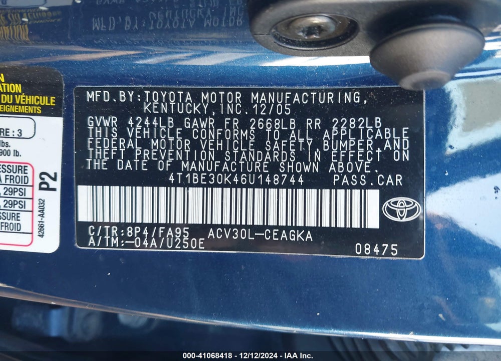 2006 TOYOTA CAMRY XLE VIN: 4T1BE30K46U148744