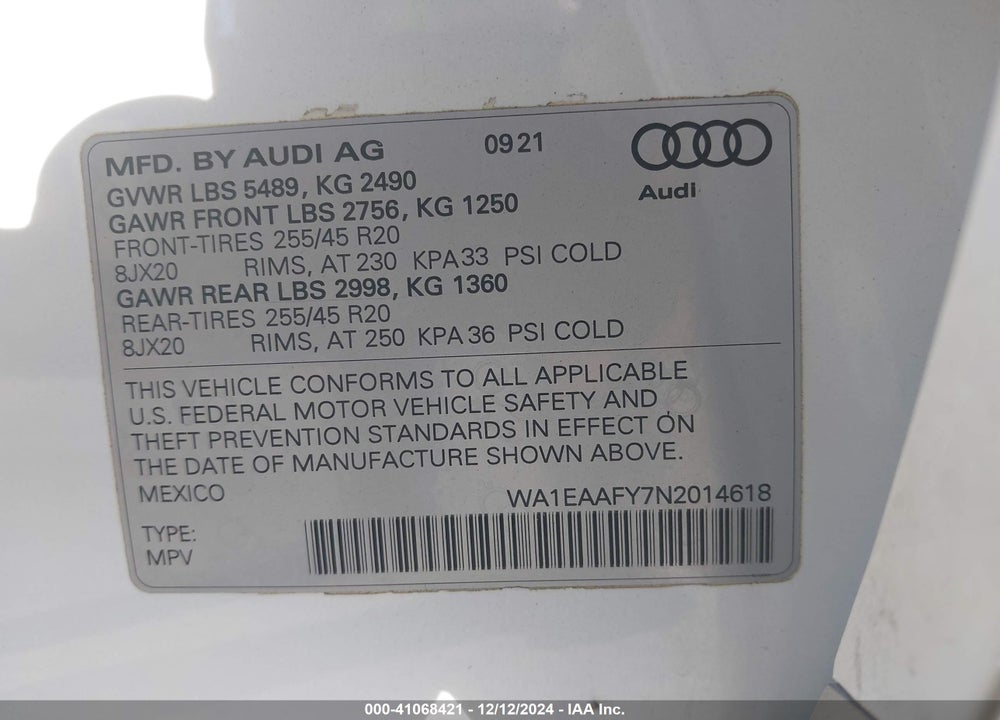 2022 AUDI Q5 PREMIUM PLUS 45 TFSI S LINE QUATTRO S TRONIC VIN: WA1EAAFY7N2014618